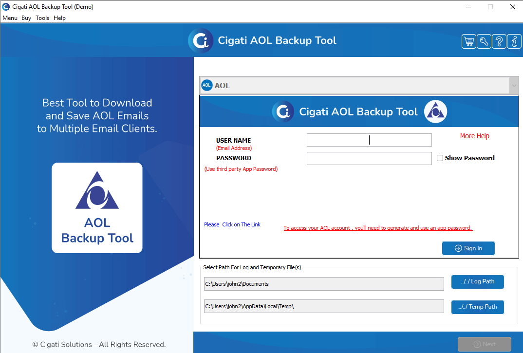 AOL Mail Backup Tool screenshot