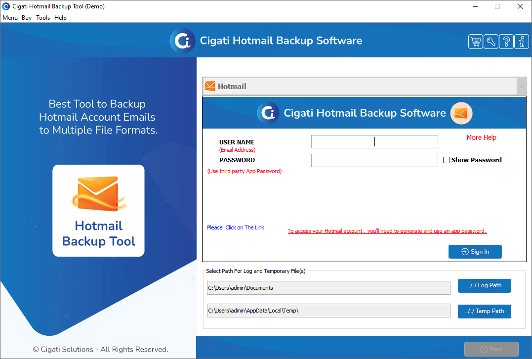 Hotmail Backup Software screenshot